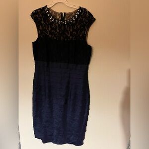 London Times Black and Blue Lace Midi Dress